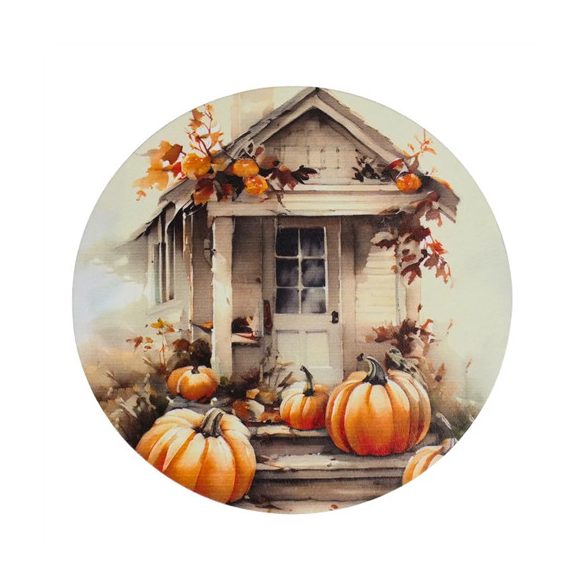 Nyomtatott fa tábla koszorú közép 14,8cm - Fehér-narancs tök házzal