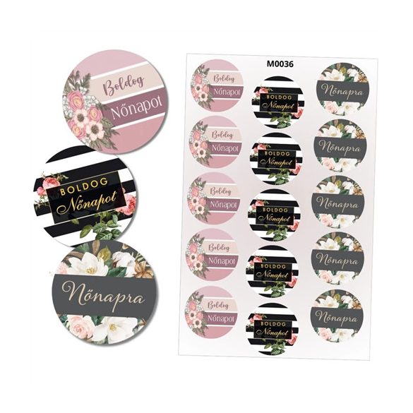 Matrica - Boldog nőnapot kerek matricák 4cm - 3 féle (15db/lap)