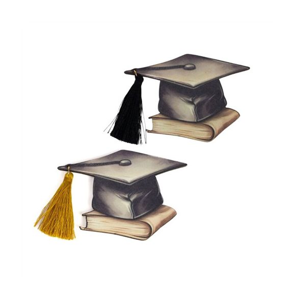 Nyomtatott fa tábla "Diplomaosztó kalap fekete-arany bojtal 8cm S/2