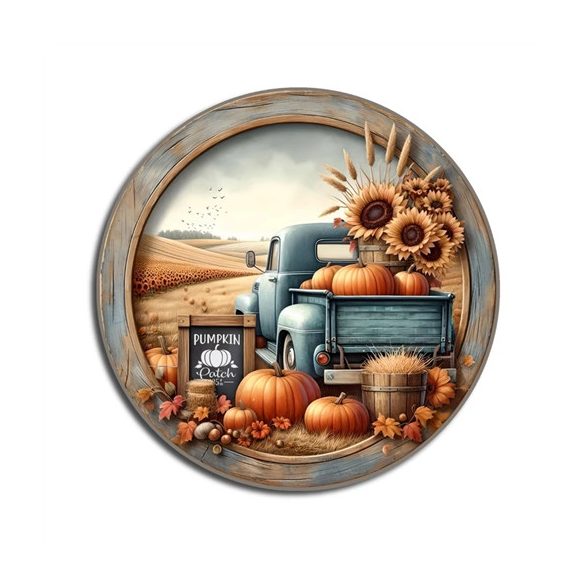 Nyomtatott fa tábla koszorú közép 11,8cm - Őszi táj kék teherautóval