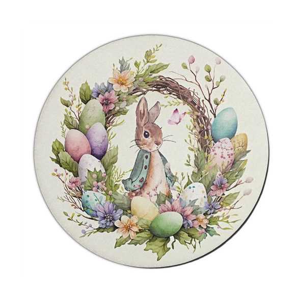 Nyomtatott fa tábla koszorú közép 14,8cm - Nyuszis koszorú tojásokkal