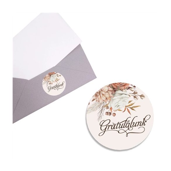 Matrica - Ballagási kerek matrica 6cm - Gratulálunk (15db/lap)