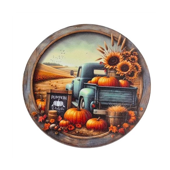 Nyomtatott fa tábla koszorú közép 14,8cm - Őszi táj kék teherautóval