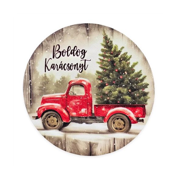 Nyomtatott fa tábla koszorú közép 14,8cm - Autós karácsonyi