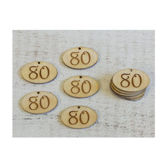 Natúr fa - Évfordulós gravírozott ovál táblák 4x2,5 cm - 80-as (10db/csom.)