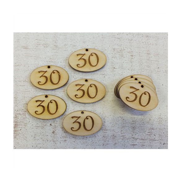 Natúr fa - Évfordulós gravírozott ovál táblák 4x2,5 cm - 30-as (10db/csom.)