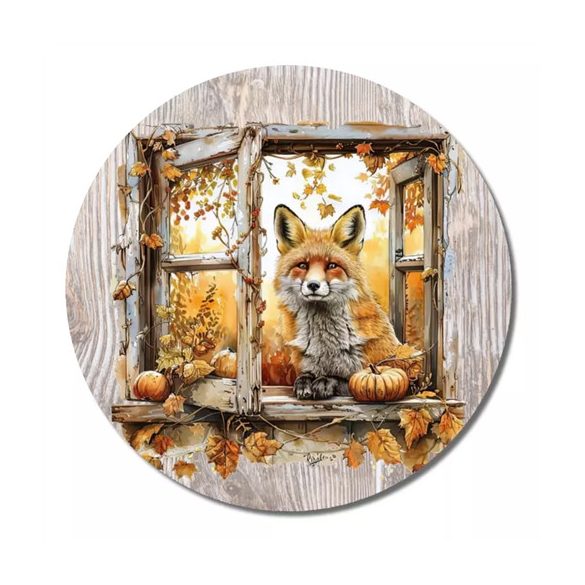 Nyomtatott fa tábla koszorú közép 11,8cm - Őszi ablak róka