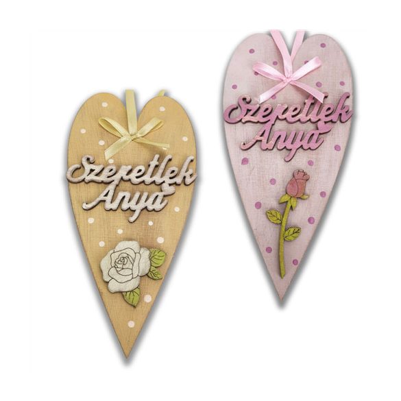 Anyák napi díszített szív "Szeretlek Anya" 10x20 cm - Bézs és Rózsaszín