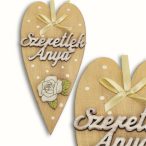   Anyák napi díszített szív "Szeretlek Anya" 10x20 cm - Bézs