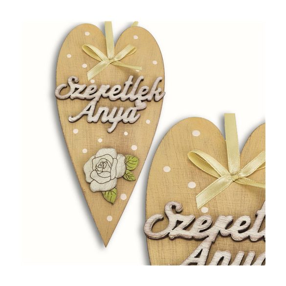 Anyák napi díszített szív "Szeretlek Anya" 10x20 cm - Bézs