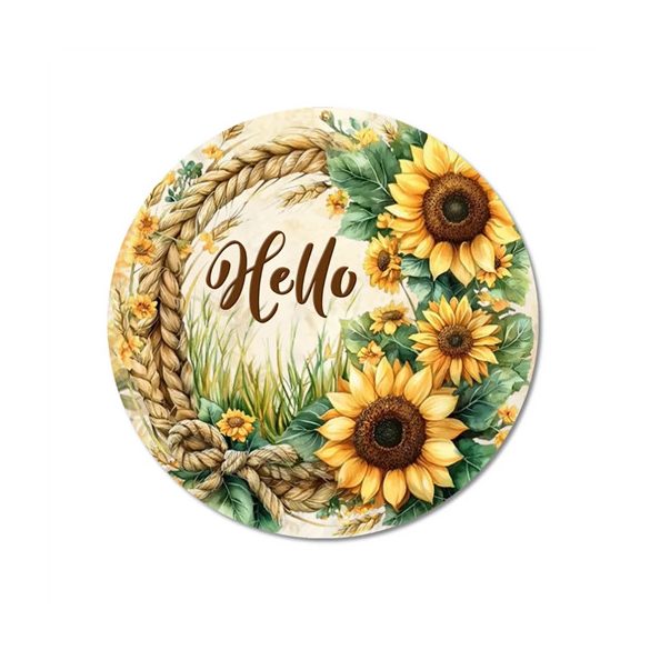 Nyomtatott fa tábla koszorú közép 11,8cm - Napraforgós Hello