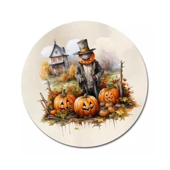 Nyomtatott fa tábla koszorú közép 11,8cm - Madárijesztő tökökkel