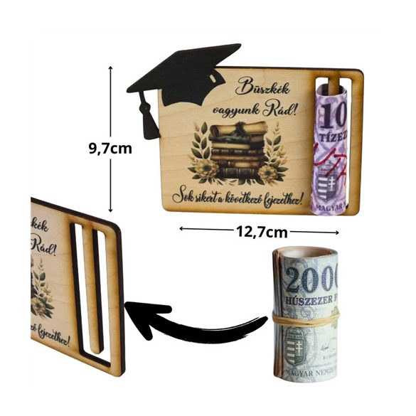 Nyomtatott fa - Diplomaosztó és ballagási pénztartó - kalappal 12,5x9,5cm