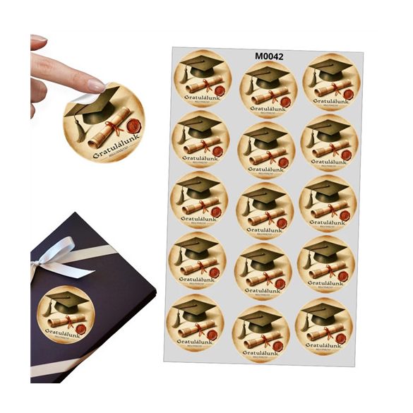 Matrica - Ballagási kerek matrica 5cm - Gratulálunk (15db/lap)