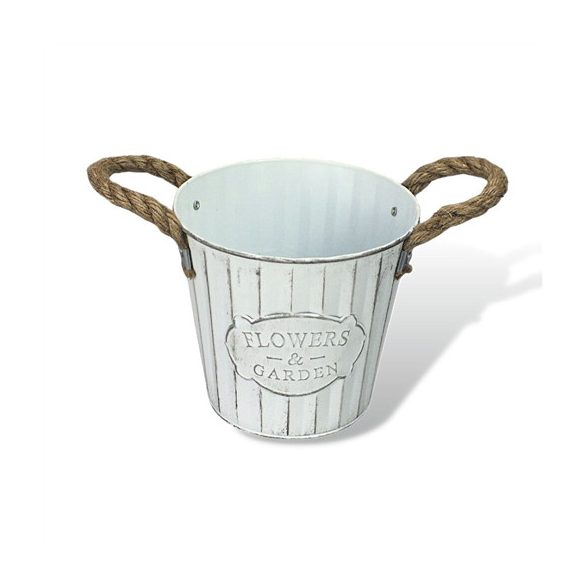 Bordázott bádog kaspó 18x16 cm "Flowers & Garden" feliratos - Fehér