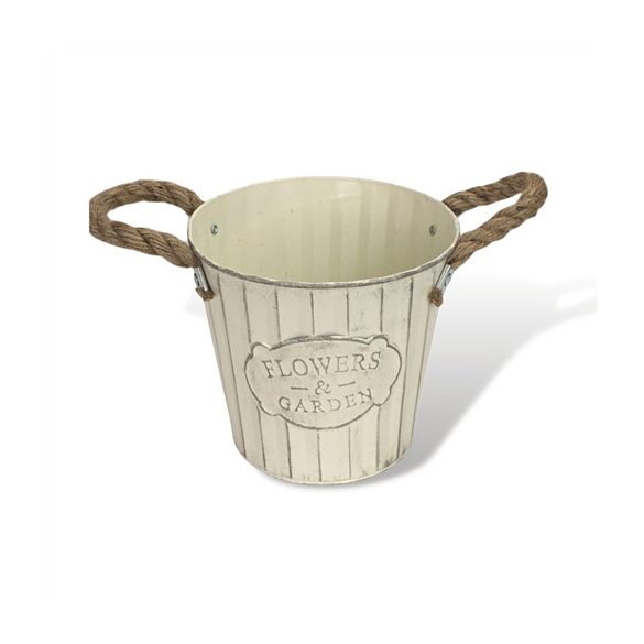 Bordázott bádog kaspó 16x14,5 cm "Flowers & Garden" feliratos - Krém