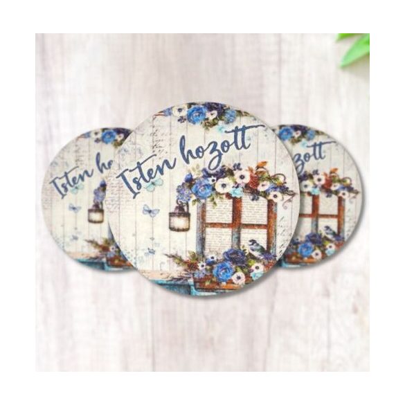 Nyomtatott fa tábla - Isten Hozott - kék, kör 3db/cs