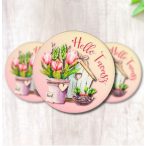   Nyomtatott fa tábla - Hello Tavasz - tulipános, kör 3db/cs