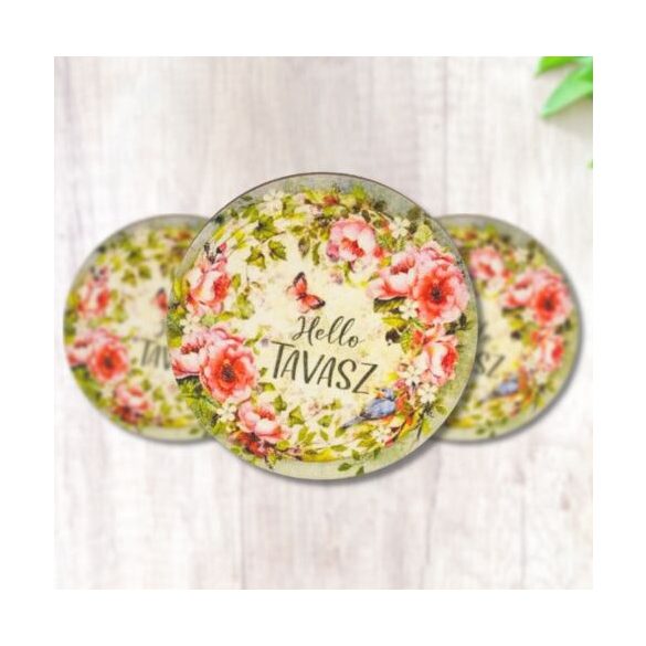 Nyomtatott fa tábla - Hello tavasz - lepkés, kör 3db/cs