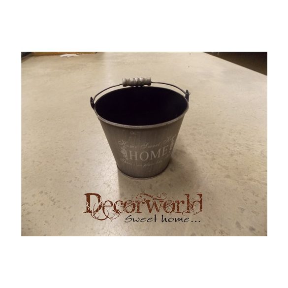 Kaspó fém 13,5xH11cm "Home" feliratos kerek füles szürke