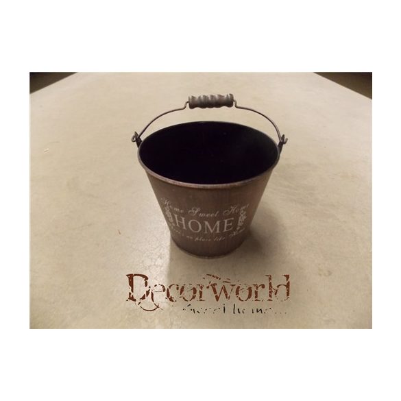 Kaspó fém 13,5xH11cm "Home" feliratos kerek füles barna