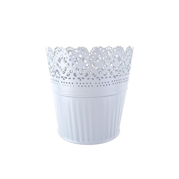 Kaspó cink kerek csipke mintával 11x10cm - Fehér