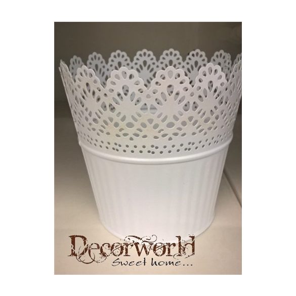 Kaspó cink kerek csipke mintával 13x12,5cm - Fehér