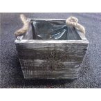   Kaspó fa kötél fogantyúval szögl. 14x14x13cm hópehely dísszel mosott szürke