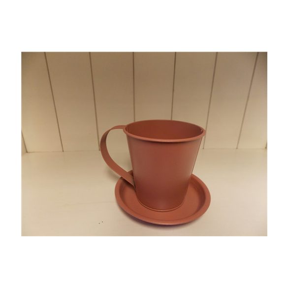 Csésze+alj fém 14x11x10,5cm szíves barna