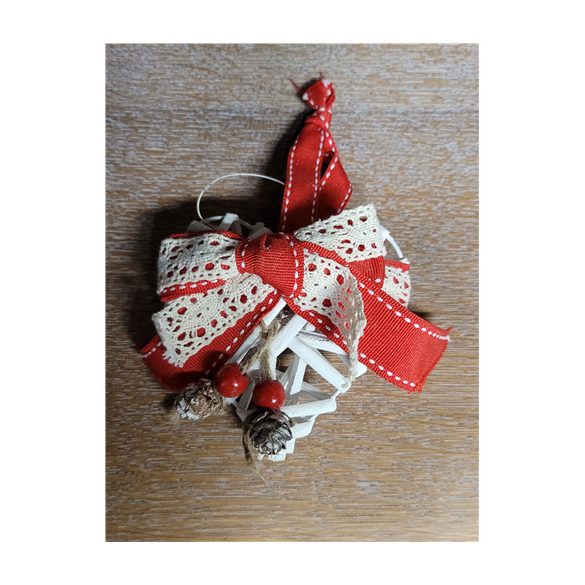 Szív vessző 10 cm akasztós piros masnival - Fehér