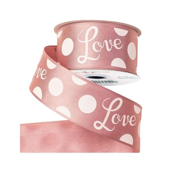 Szatén szalag drótos szegéllyel  "Love" felirattal 38mm x 6,4 m - Púder bézs