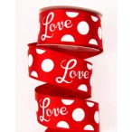   Szatén szalag drótos szegéllyel "LOVE" feliratos 38 mm x 6,4 m - Piros