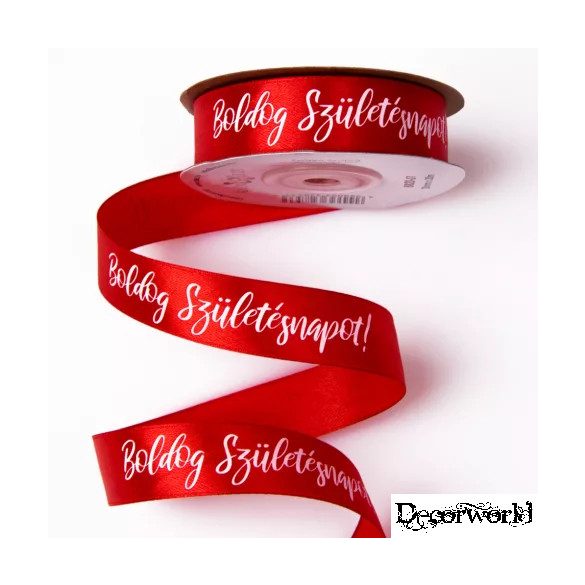 Szatén szalag "Boldog Születésnapot!" feliratos 20mm/20m - Piros