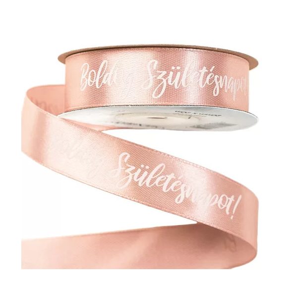 Szatén szalag "Boldog Születésnapot!" feliratos 20mm/20m - Púder bézs