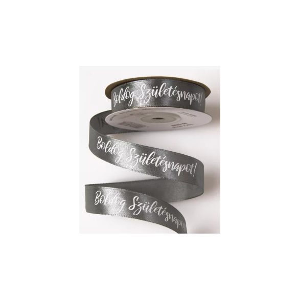 Szatén szalag "Boldog Születésnapot!" feliratos 20mm/20m - Kékes ezüst