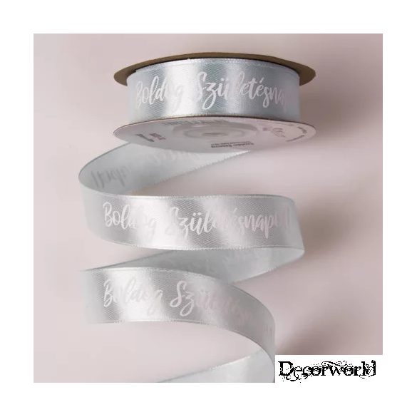 Szatén szalag "Boldog Születésnapot!" feliratos 20mm/20m - Kékes szürke