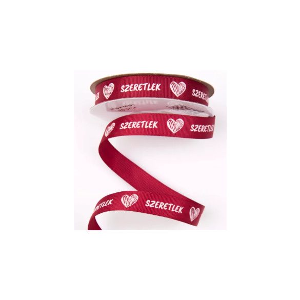Ripsz szalag "SZERETLEK" feliratos 16mm x 20 m - Bordó
