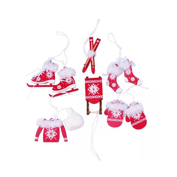 Karácsonyfadísz szőrmés akasztható 3,2x7,5 cm, 3,5x4,5 cm - Piros S/6