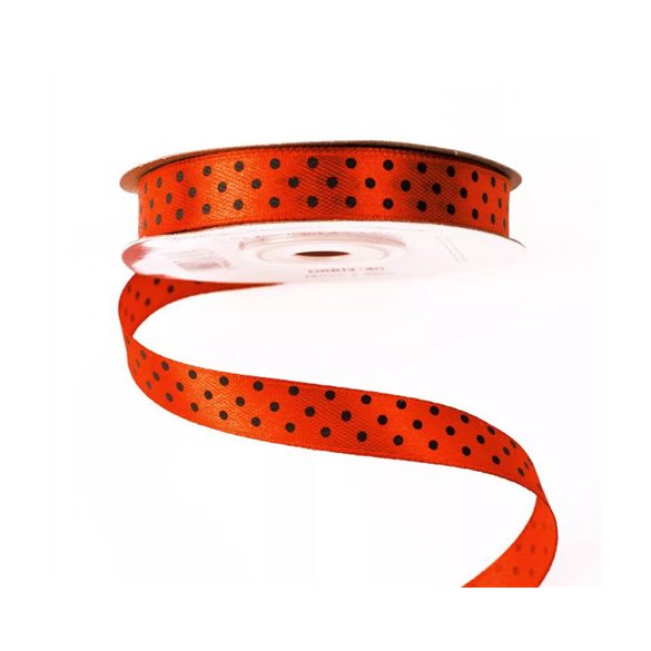 Szatén szalag 12mm/20m fekete pöttyös - Piros