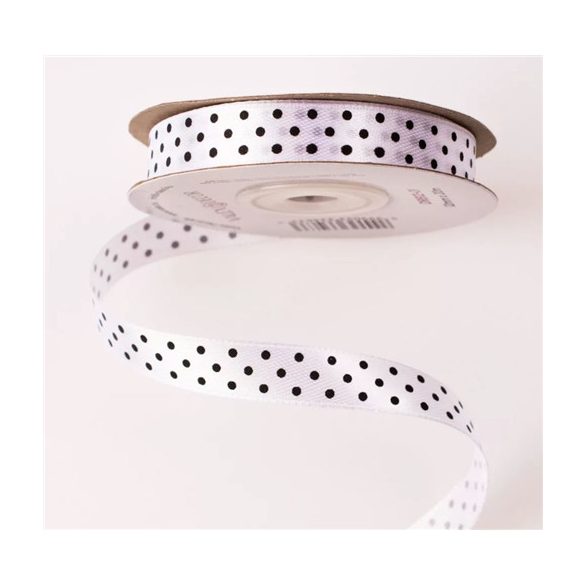 Szatén szalag 12mm/20m fekete pöttyös - Fehér