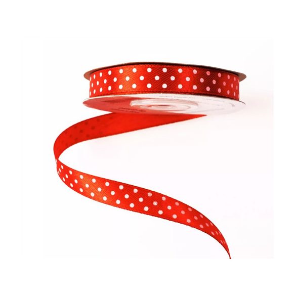 Szatén szalag 12mm/20m fehér pöttyös - Piros