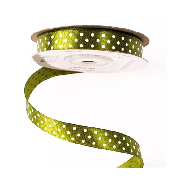 Szatén szalag 12mm/20m fehér pöttyös - Olivazöld