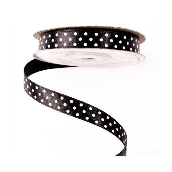 Szatén szalag 12mm/20m fehér pöttyös - Fekete