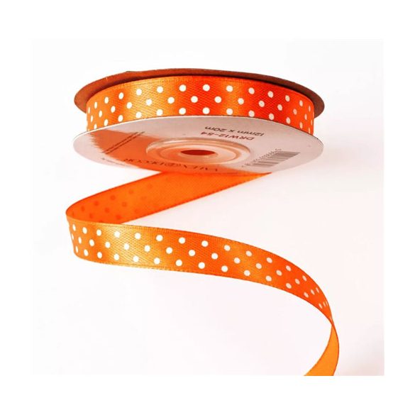 Szatén szalag 12mm/20m fehér pöttyös - Sötét narancssárga