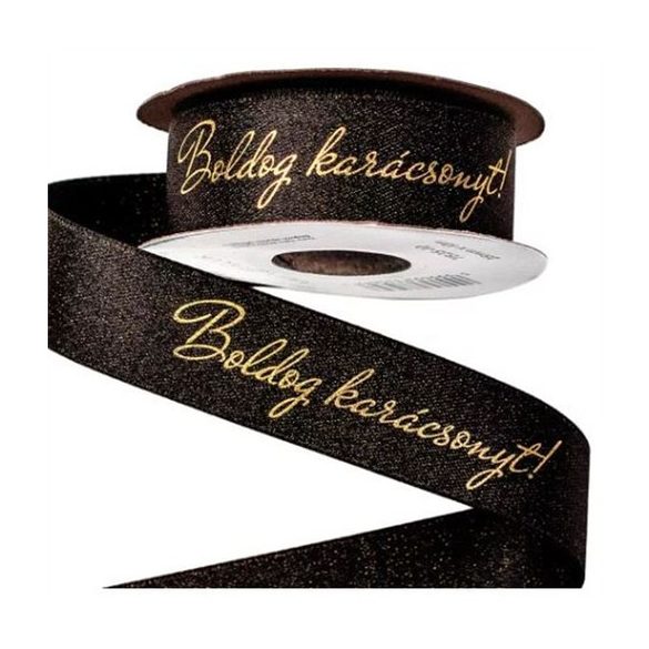 Szatén szalag csillogó "Boldog karácsonyt" feliratos 25mm x 10m - Fekete