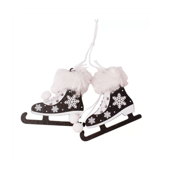 Szőrmés fa korcsolya 8,5x7x20,5 cm akasztható - Fekete/fehér