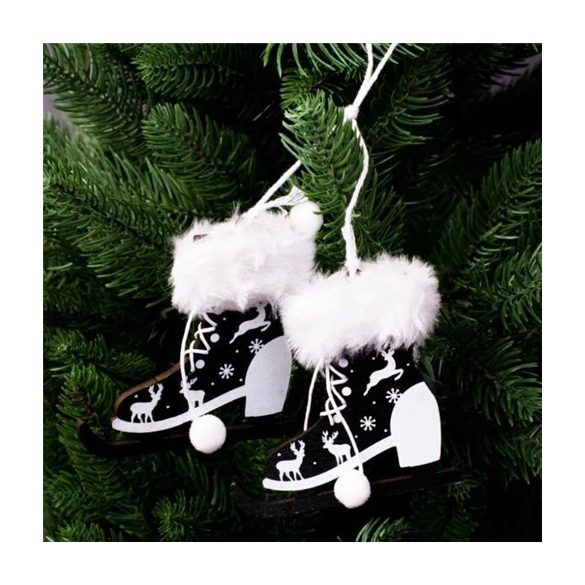 Szőrmés fa korcsolya 8,5x7x20,5 cm akasztható - Fekete/fehér