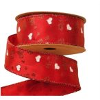 Szatén szalag drótos 38 mm x 10m szivecskés - Piros