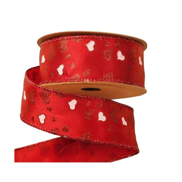 Szatén szalag drótos 38 mm x 10m szivecskés - Piros