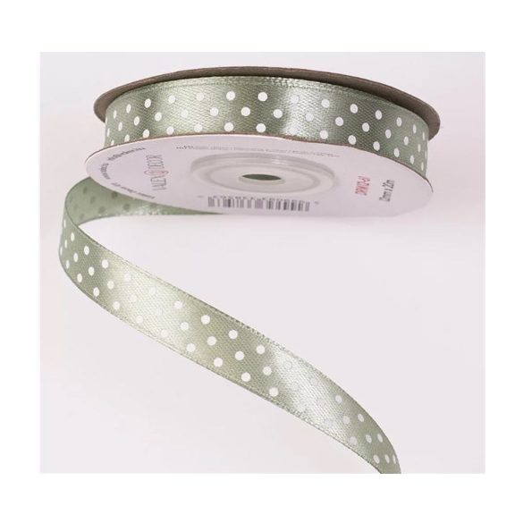 Szatén szalag 12mm x 20m fehér pöttyös - Vintage zöld